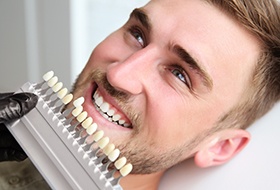 A dentist using a shade guide to assess a patient’s smile