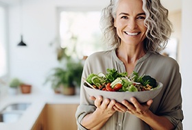 Woman smiling while holding bowl of fruits and vegetables