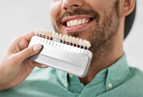 Man in a green shirt having the shade of his teeth matched for porcelain veneers