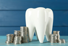A large ceramic tooth surrounded by stacks of silver coins