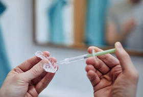 A young man preparing bleaching gel for his teeth whitening tray