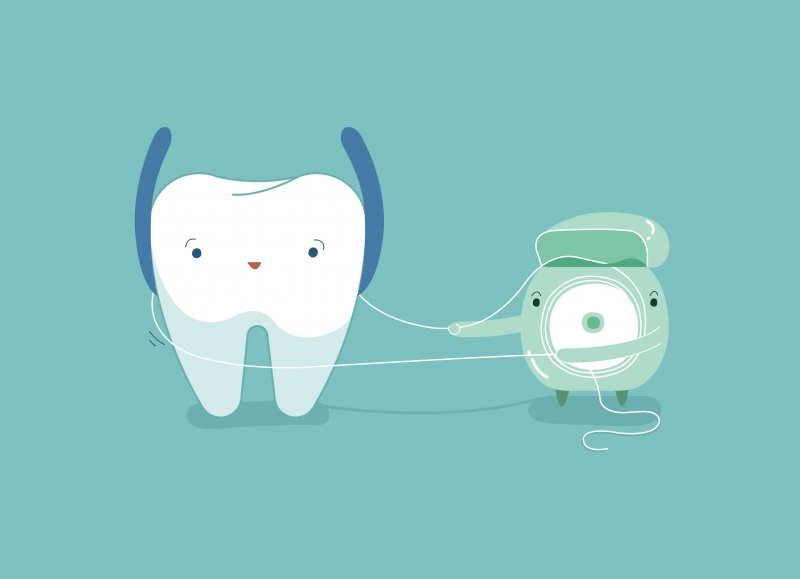 Illustration of happy tooth being flossed
